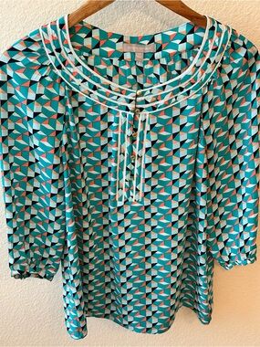 Banana Republic Teal and Coral Geometric Print Blouse
